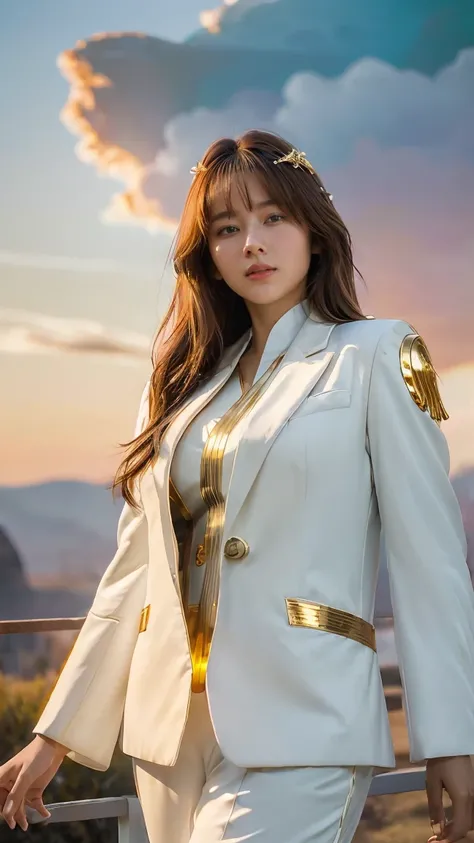 ((Masterpiece, best quality, very detailed), Volumetric light, surrounding occlusion, Rich and colorful, glow), 1 woman, lonely, young girl, (Brown bangs), long hair, radius, radius, sacred, goddess, Priesthood, (White suit with gold trim:1.3), armor, outd...