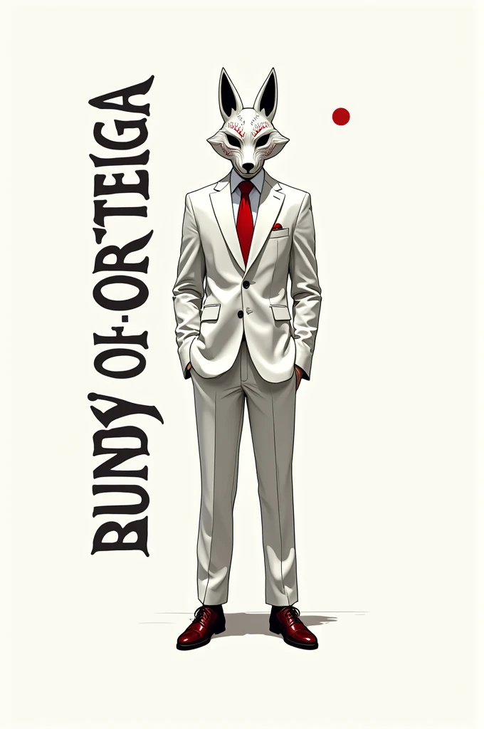 A logo with Bundy Ortega lettering and a man wearing a white suit, a red tie, dark red patent leather shoes and a white Kabuki Kitsune fox mask in white red