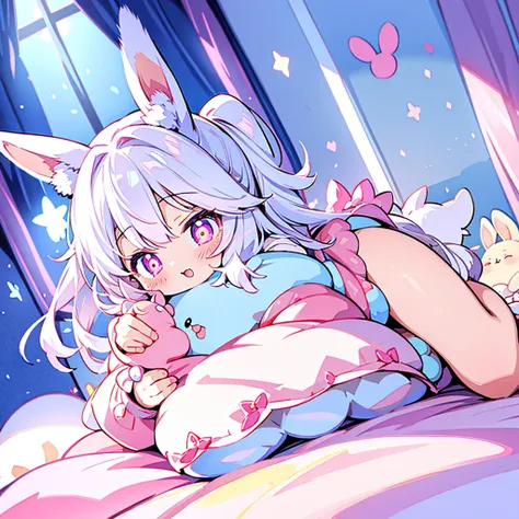 Beautiful illustration、top-quality、Cute  s、Bedroom、PastelColors、Fluffy rabbit ears、Petite、Silver long hair、rabbit stuffed、Bright lighting、bright pink eyes、Pony tail、kawaii tech,