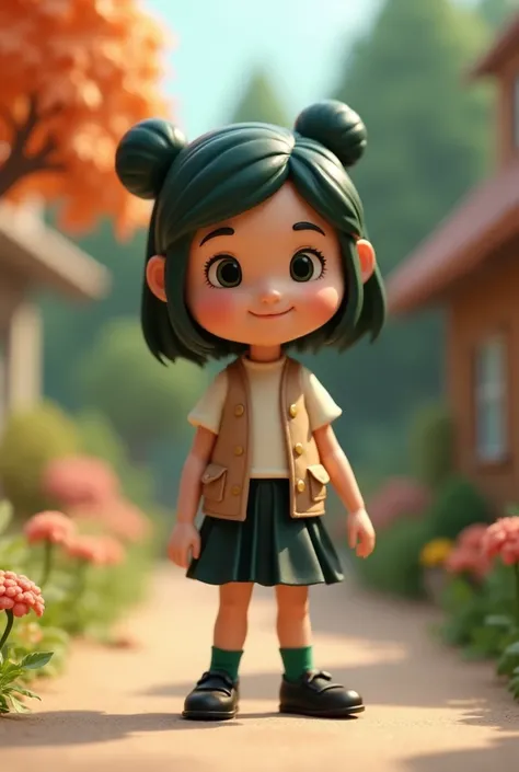 Off-white half-sleeve shirt, light brown vest, knee-length black skirt, woman in half-up bun with dark green socks and black shoes, (((3 head tall))), Wallace&gromit style, ((claymation)), (claymation animation of), cute, chibi, 