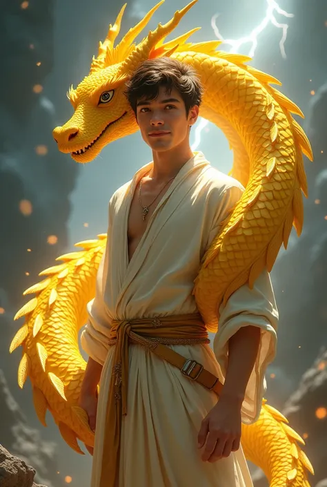 A cute male character with a yellow dragon wrapped around his body while lightning strikes.