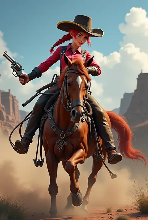 杰West Wyfe, Red hair, Single Braid, Dark brown and yellow cowboy hat, blue denim shirt, West Wyfe, Red hair, Single Braid, Dark brown and yellow cowboy hat, blue denim shirt, The right hand holds a Colt revolver.,Correct Colt Revolver Detail, high quality,...