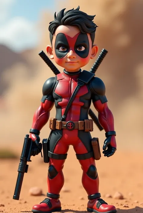 handsome indonesian young man short hair in mighty deadpool costume, deadpool, in daz3d style, satirical caricature, desert, unreal machine 5, smokey background, uhd 32k, adorable toy statue