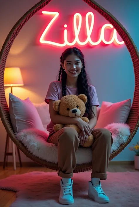 Create A beautiful Thai women with long black hair braids, wearing pink t-shirt, brown cargo jeans, and white Jordan shoes, sitting in a circular hanging bed swing with colorful lighting and a beautiful sofa , hugging a big brown Teddybear, with the name t...