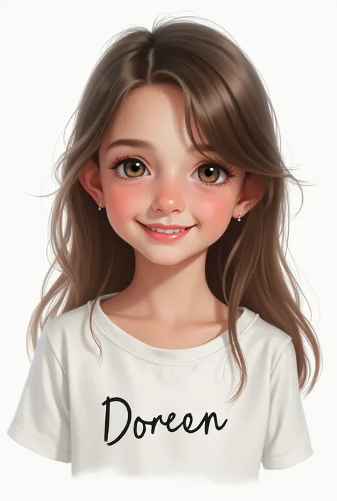 a beautiful young girl aged 12 with nice hair write a word doreen on her white shirt