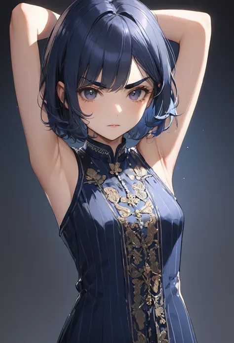 (masterpiece, best quality),one girl,(arms behind head and show her armpits:1.3), BREAK (16yo,detailed face,(darkblue hair, wavy-short hair),middle thick eyebrows,middle small breasts),