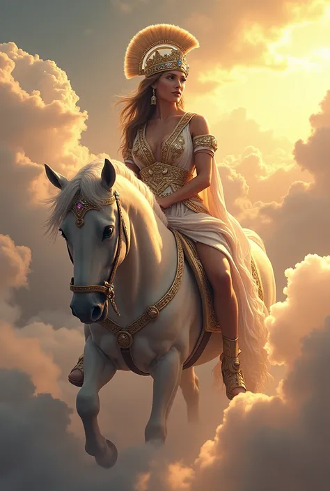 Give a picture of the goddess Athena riding a horse and wearing a beautiful crown, background of clouds and screen image