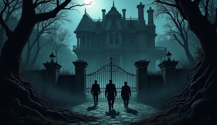 Three men walking on the path outside the closed gate of an old mansion in the forest at night.