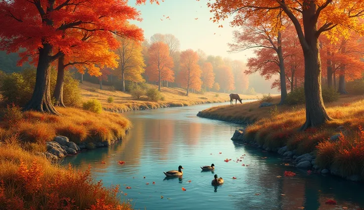 A serene scene of nature , the season of autumn
Make it vibrant and hyper realistic.