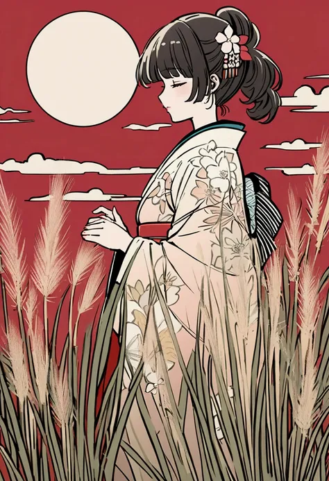 japanese hanafuda art style,white moon on red sky,a pretty samurai girl is getting closure on pampas grass hill,detailed and decorated japanese kimono