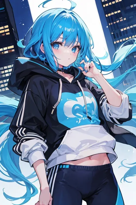 One girl, solo, Blue hair color、night、Neon city lights、hot pants、hoodie