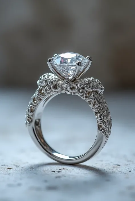 Create an engagement ring with a pear-shaped diamond as the center stone. The ring is made of white gold and features a modern design inspired by Lebanese arabesque and floral patterns. The intricate arabesque details should wrap around the band, complemen...