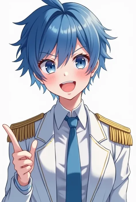 Image character with blue hair, wearing a white uniform with golden epaulets characteristic happy making a pointing gesture with his right hand.