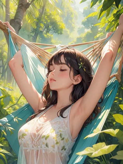 ((masterpiece)), (best quality), extremely detailed Illustration, ultra detailed, watercolor painting, Pale shades, highly detailed, detailed background, vivid color, Fresh greenery, In places Sunlight filtering through the trees, 1 pretty girl, Symmetrica...