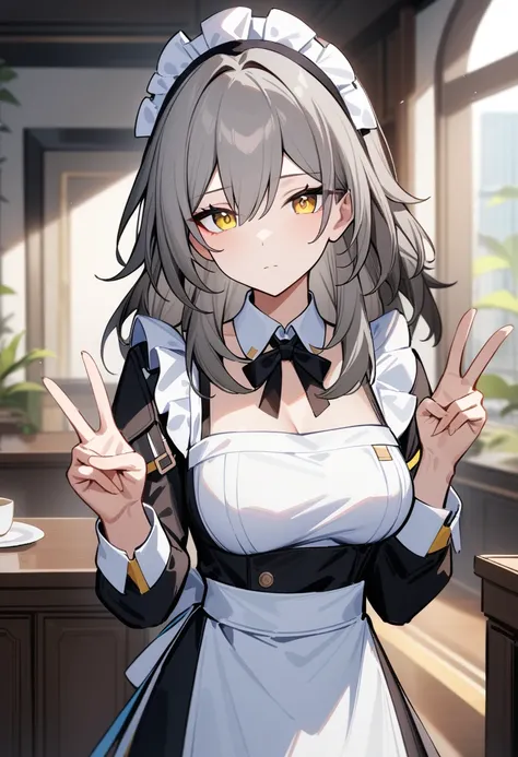 masterpiece, best quality, very aesthetic, absurdres, 1girl, stelle(honkai: star rail), honkai: star rail, looking at viewer, upper body, breasts, maid, headdress, apron, detached collar, expressionless, v, indoors