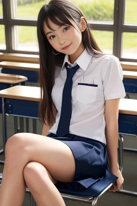 (masterpiece:1.2,high resolution,quality,one girl:school uniform,sitting in a chair,crossing your legs,classroom,showing legs,so...