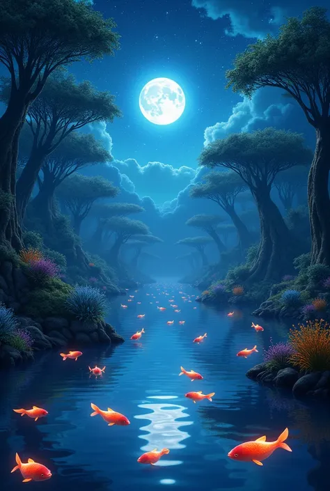 ((Fantastic World))、(Night sky reflected in the lake)、(The moon and stars are beautiful)、(Fish bouncing)