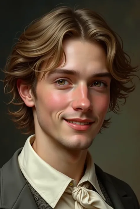 It makes a realistic image of a young man of , with a VERY DELICATE face, very beautiful, with a cheerful smile, light brown hair to the shoulders, with honey colored eyes in simple old 1800&#39;s clothes 