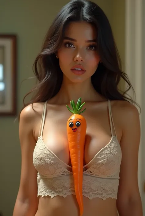 A cute looking carrot creature has lodged itself inbetween a womans large breasts, it is being held quite tightly between them and the woman is very embarrassed over the situation, the woman is very beautiful and her breasts are quite big for her size and ...