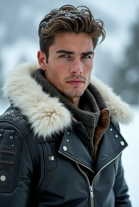 A young man in white fur leather jackets 