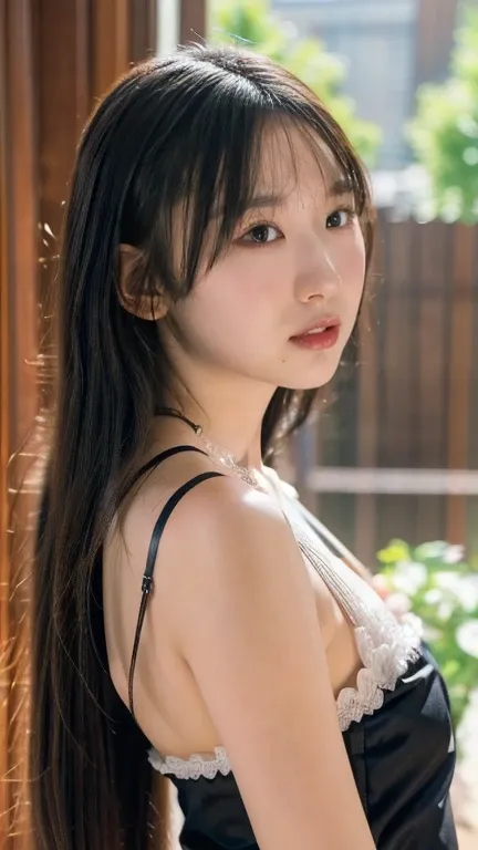 (8k、RAW Photos、Highest quality、masterpiece:1.2)、(Realistic、Realistic)、1 girl, nsfw, side view 1girl, (looking away:1.2), toplesss, thong, wearing Halter neck lace teddy with peek-a-boo cups, Small chest