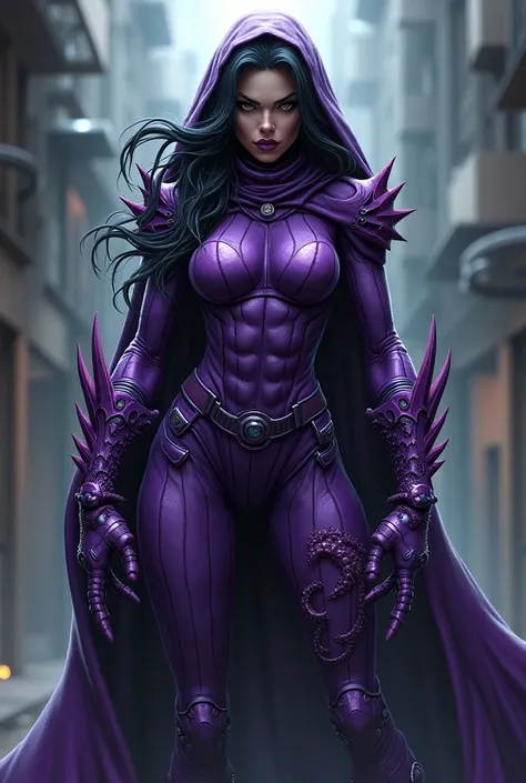 (Full View) Full-body. Super złoczyńca kobieta, in a serious DC Comics style. Nyxar has a purple suit, który wygląda jak płaszcz i skóra w stylu Ośmiornicy Olbrzymiej. Jej ręce są jak fioletowe ostre macki w stylu pistoletów. Her face has a wide mouth and ...