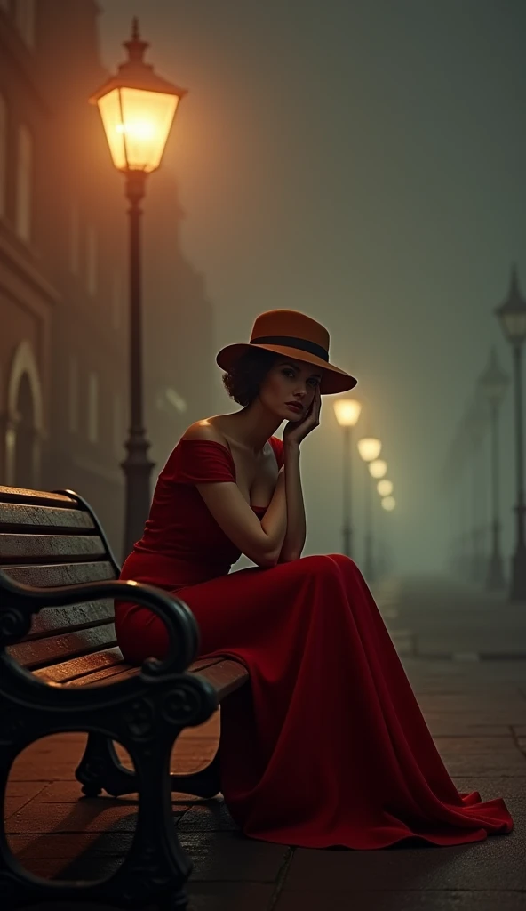 (image haute qualité, HD, 16K, photo réaliste) Daisy Ridley, Anglaise, robe soirée longue années 30,  la robe est rouge, bottes haute années 1970, rouse, chapeau type fedora. Femme Sculptural, gros seins. Rue sombre et vide, assise  sur banc, les coudes po...