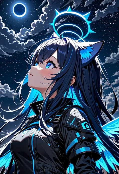 8K Ultra High-Quality, ultra-detailed, High quality, Dark Blue hair, Neon Blue Inner layer hair, Long hair, Cat ears, gloves, Neon blue wings, Neon Blue Halo, looking up the sky, dark skies, night time