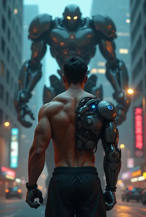 A strong body builder his one hand med by robot half of mouth robot his one eye blue color (background )night time city road a big robot stands his background and try to kill this man 
