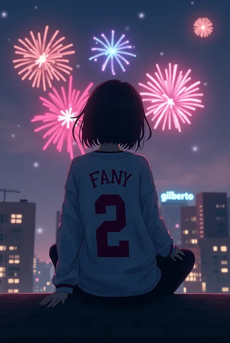 A 1 girl sits on a building with her back turned, watching the night, On her back she has the name Fany and the number 2 below on a sweater, the letters In the background with fireworks is the name Gilberto 