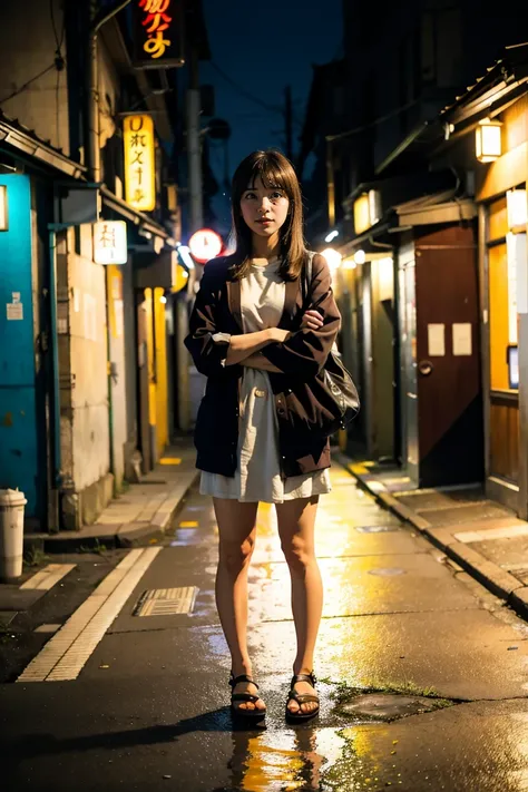 Japanese woman alone standing in a backstreet at night lots of trash dirty wall stains Tokyo detailed real photo