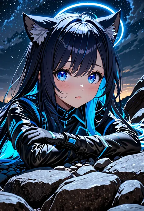 8k ultra high-quality, ultra-detailed, high quality, dark blue hair, neon blue inner layer hair, long hair, cat ears, gloves, ne...