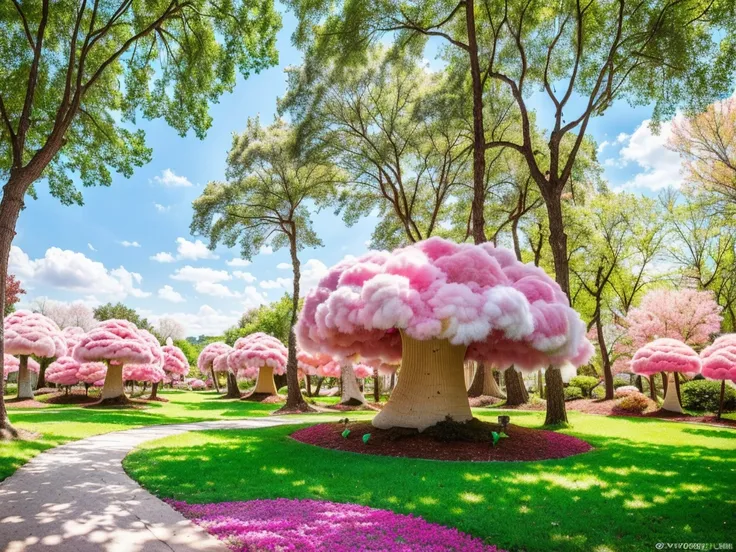 1girl, cute candyland, cotton candy sky, whimsical mushroom forest, colorful candy trees, lollipop plants, marshmallow clouds, bubblegum grass, gummy bear path, chocolate river, (best quality,4k,8k,highres,masterpiece:1.2),ultra-detailed,(realistic,photore...