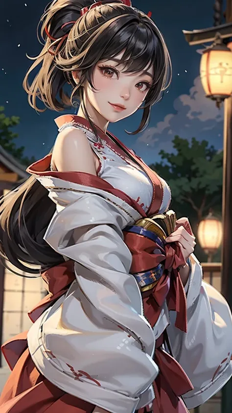 Draw a Japanese shrine in the background、In front of that, please draw a seductive dancing shrine maiden in her 30s from the Warring States period.。 detailed: Shrine maidens in the Sengoku period: • pause: Jumping Performance: Elegant and smiling。 • Hairst...