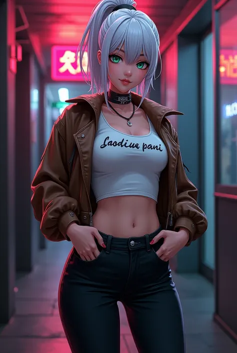 Kizi, pele caucasiana, 20 year, White hair, wearing black jeans, wearing black boots, White T-shirt and her name  has written on that, with brown aviator jacket, greeneyes,curved body, cocked ass, boy, cyberpunk atmosphere, Raby, アニメ, sexy pose lowering pa...