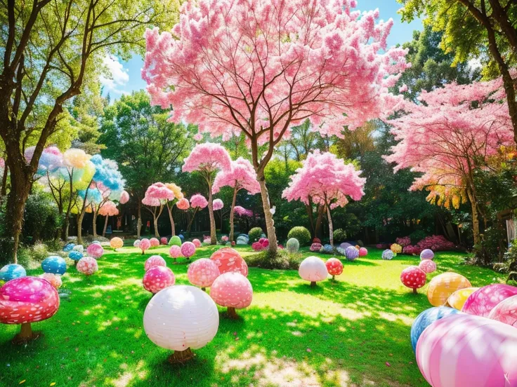 1girl, cute candyland, cotton candy sky, whimsical mushroom forest, colorful candy trees, lollipop plants, marshmallow clouds, bubblegum grass, gummy bear path, chocolate river, (best quality,4k,8k,highres,masterpiece:1.2),ultra-detailed,(realistic,photore...