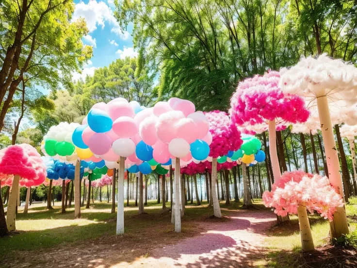 1girl, cute candyland, cotton candy sky, whimsical mushroom forest, colorful candy trees, lollipop plants, marshmallow clouds, bubblegum grass, gummy bear path, chocolate river, (best quality,4k,8k,highres,masterpiece:1.2),ultra-detailed,(realistic,photore...