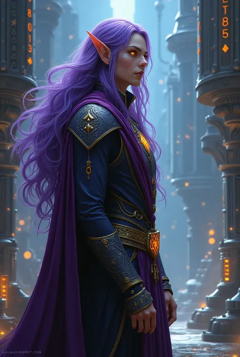 tall, high elf, purple hair, amber eyes, 1male, artificer clothes, solo