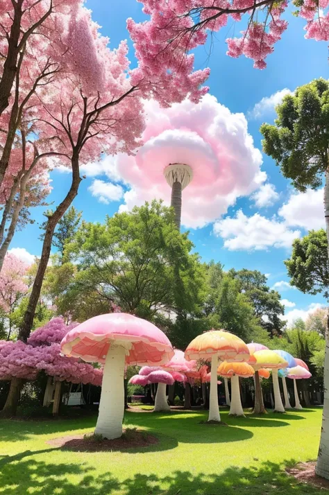 1girl, cute candyland, cotton candy sky, whimsical mushroom forest, colorful candy trees, lollipop plants, marshmallow clouds, bubblegum grass, gummy bear path, chocolate river, (best quality,4k,8k,highres,masterpiece:1.2),ultra-detailed,(realistic,photore...