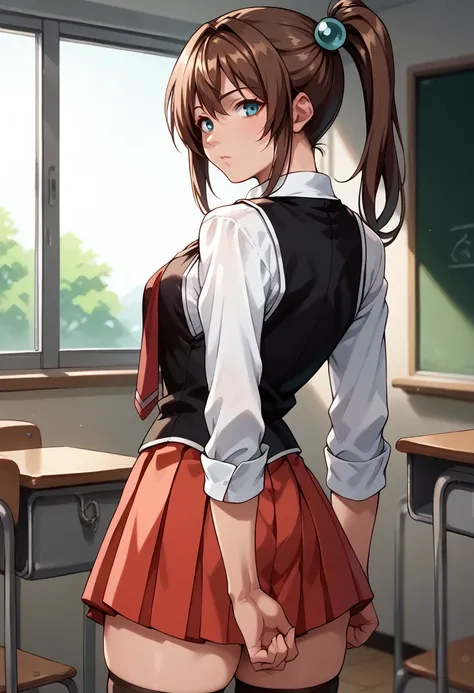 score_9, score_8_up, score_7_up, BREAK, score_9, KurumiImari, 1girl, brown hair, Side ponytail, hair ornament, aqua eyes, school uniform, white shirt, strap,vest, red tie, red skirt, thighhighs, cowboy shot, looking back, from behind, classroom