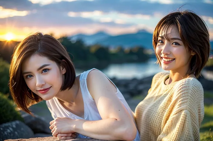 8k,(Highest quality:1.5), (Realistic:1.5),Scottish landscape、Islay scenery、Highland scenery、Amazing view of the sunset sky and clouds、Brown short hair,The best smile、Happy Smile、Japanese actress,Super Beauty(Like the real thing),Short sleeve dress,Whiskey ...