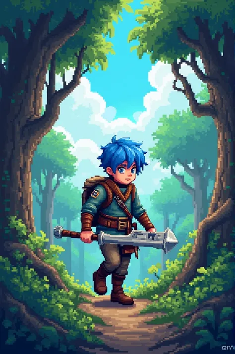 (work of art, highest quallity:1.2), pixel art,land､Adventure in a mysterious forest,Blue haired warrior,shorth hair