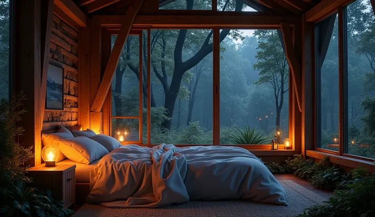 Bedroom with fireplace，There is a bed in front of the window, Large windows with views of the forest at night, cozy place, cozy environment, Comfortable and peaceful atmosphere, cosy atmoshpere, cozy room, cozy and calm, Cozy atmosphere, relaxing environme...