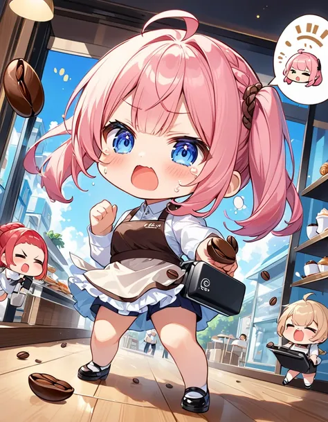 Highest quality、High resolution、Detailed Background、Beautiful face in every detail、Anatomically correct、Detailed facial expressions、fine grain、((full body, from below, side view)), ((One Girl:1.5)、((Chibi Girl:1.5)))、Cute hair color、Big beautiful blue eyes...