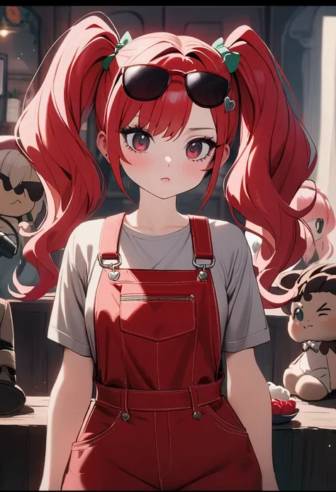 A beautiful woman，Harley Quinn&#39;s twin ponytails，Black sunglasses with red frame on head，Grey top，Oversized red overalls，A bunch of cute hairpins