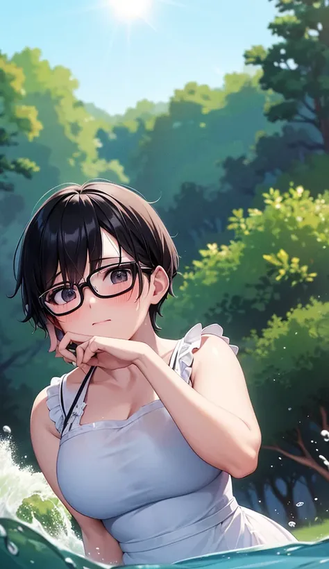 Chubby mature woman wearing glasses、Plain short black hair、Sun-tanned skin、Camping on the riverbank、Short white dress、Playing in the water and getting soaked、High resolution ,Highest quality、solo,Blushing, 