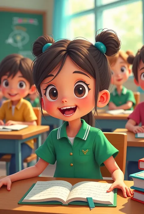 A cartoon  girl of 10 years wearing a green colour uniform sitting in a class room full of students look front with excitement 