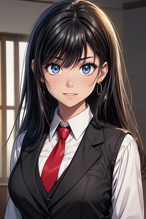 Girl posing for a photo, animeのcute女の子, ((一peopleの女の子)), ((Baby Face:1.3)), ((cute:1.3)), 
break 

#Clothing Accessories 
(((Black business suit) : White dress shirt + (Red tie) + (black suit vest) + (Black suit jacket) + (Black suit slacks)), Black Loafer...