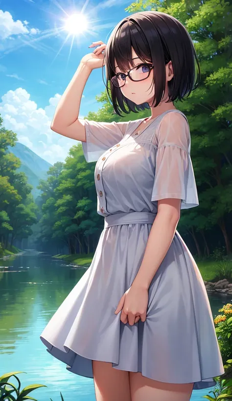 Chubby mature woman wearing glasses、Plain short black hair、Sun-tanned skin、Camping on the riverbank、Short white dress、Playing in the water and getting soaked、High resolution ,Highest quality、solo,Blushing, 