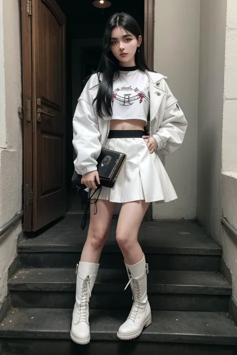 She has a white boots with jet black hair shes 5 feet tall, she wears a white skirt with her name kylene embroidered by her mother, she wears a croptop on top of that is a white jacket and a guitar on her back whilst going down the stairs